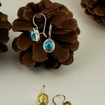 Pair of gemstone earrings elegantly placed on pinecones, showcasing natural beauty and elegance.